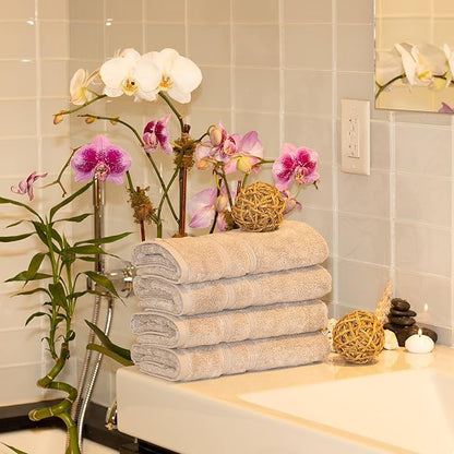 Mosobam Luxury Turkish Set of 4 Hand Towels 16X30 Light Grey (Gray) 700 GSM Bamboo Viscose & Aegean Turkish Combed Cotton