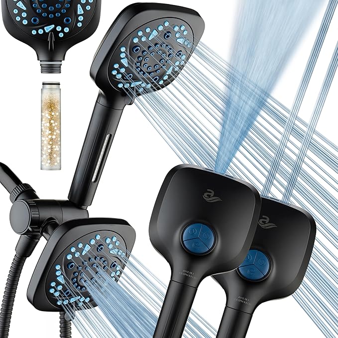 6-way High Pressure 82 Spray Mode Filtered Showerhead Combo - Handheld Shower Head Filters Chlorine to Heal Dry Skin, Revive Hair - Dual Power Wash Cleans Tub, Tile, Pets - Hard Water Softener, Black