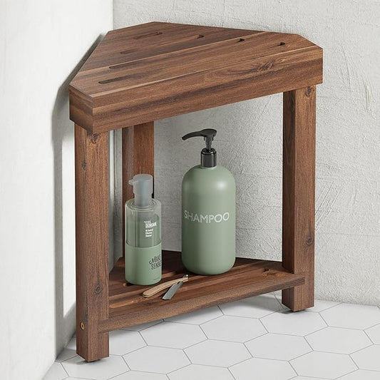 BLUEWEST Shower Foot Stool for Shaving Legs, Acacia Wood Bathroom Foot Rest, Stable Corner Step Stool for Inside Shower, Shower Bench, Compact for Small Shower Spaces (Walnut)