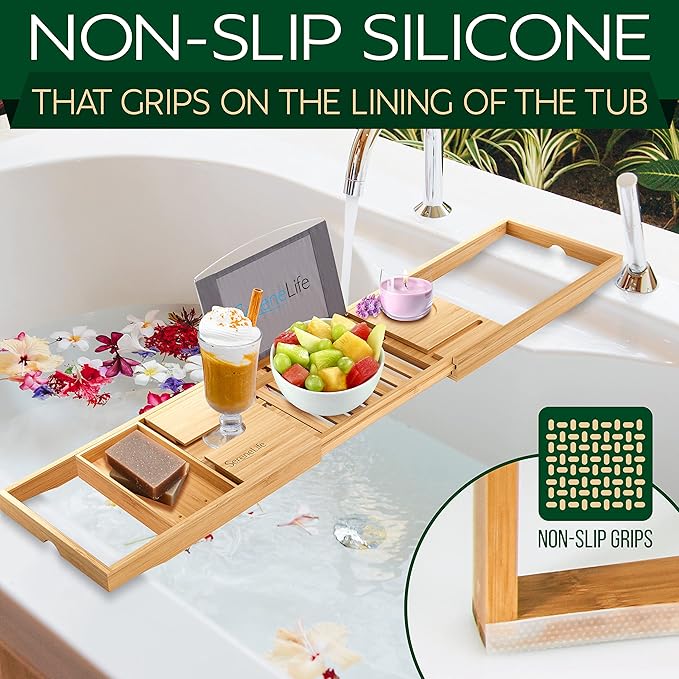 SereneLife Luxury Bamboo Bathtub Caddy Tray - Adjustable Natural Wood Bath Tub Organizer with Wine Holder, Cup Placement, Soap Dish, Book Space & Phone Slot for Spa, Bathroom & Shower SLBCAD20