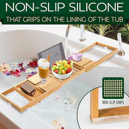 SereneLife Luxury Bamboo Bathtub Caddy Tray - Adjustable Natural Wood Bath Tub Organizer with Wine Holder, Cup Placement, Soap Dish, Book Space & Phone Slot for Spa, Bathroom & Shower SLBCAD20