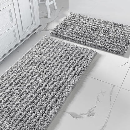 Yimobra Gray Bathroom Rugs Sets 2 Piece - Luxury Chenille Shaggy Bath Mat, Super Absorbent & Non Slip & Quick Dry, Soft Thick Bathroom Carpet for Tub Shower Floor, Machine Washable, 44x24+24x17 Inch