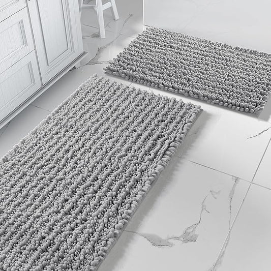 Yimobra Gray Bathroom Rugs Sets 2 Piece - Luxury Chenille Shaggy Bath Mat, Super Absorbent & Non Slip & Quick Dry, Soft Thick Bathroom Carpet for Tub Shower Floor, Machine Washable, 44x24+24x17 Inch