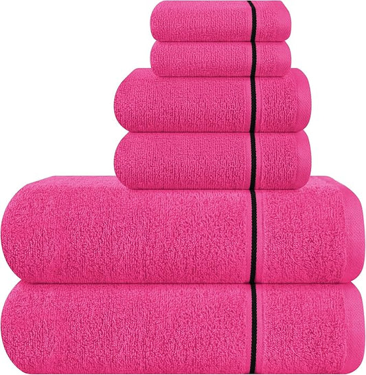 MyOwn Ultra Soft 6 Pack Cotton Towel Set, Contains 2 Bath Towels 28x55 inch, 2 Hand Towels 16x24 inch & 2 Wash Coths 12x12 inch, Ideal Everyday use, Compact & Lightweight - Hot Pink
