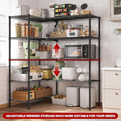 REIBII1450LBS Metal Shelving Unit Storage Shelves 5 Tier Wire Shelving 58.1''W Pantry Shelves Wire Shelf Adjustable Garage Shelving Heavy Duty Storage Rack for Pantry Kitchen Garage, Black，2 Pack