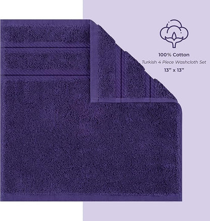 American Soft Linen Luxury Washcloths for Bathroom, 600 GSM 100% Cotton 4 Piece Turkish Wash Cloth Set, 13x13 in Soft Rags for Body and Face, Purple Washcloths