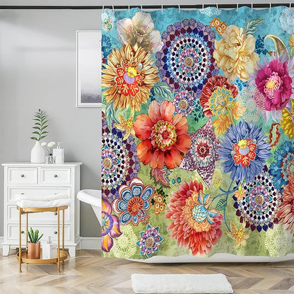 Bohemian Shower Curtain, Boho Floral Print Water Repellent Polyester Fabric for Bathroom Decor, 72×72 Inch Standard Size with 12 Hooks, Also as Room Divider