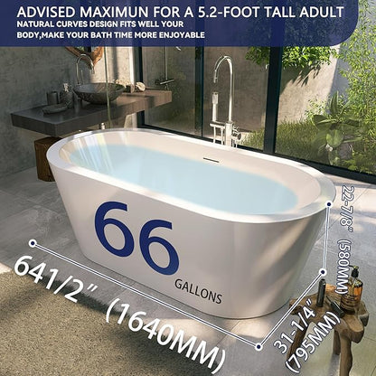 64" Acrylic Free Standing Tub, Stand Alone Tub, Freestanding Bathtub, Soaking Bathtub, cUPC Certified, LT(Glossy White)