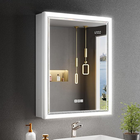 20x26 Lighted Medicine Cabinet with Beveled Mirror & Clock, Surface or Recessed Mirrored Medicine Cabinet with Dimmable Light Anti-fog, Built-in Sensing Light & Outlet, Soft-Close Right Hinge