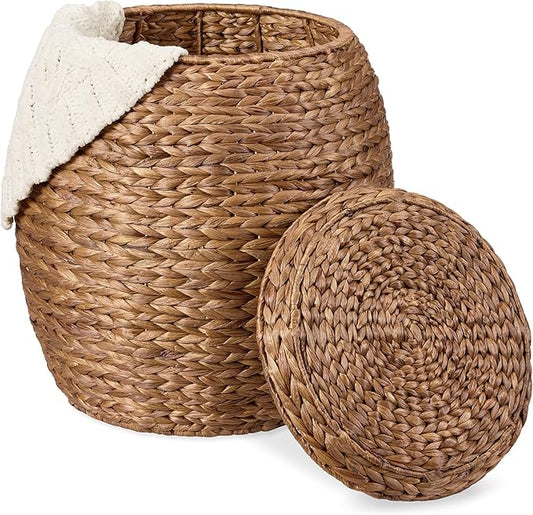 Best Choice Products Multipurpose Hyacinth Storage Basket, Plant Décor, Handwoven Organizer Tote for Bedroom, Living Room, Nursery, w/Lid - Chestnut