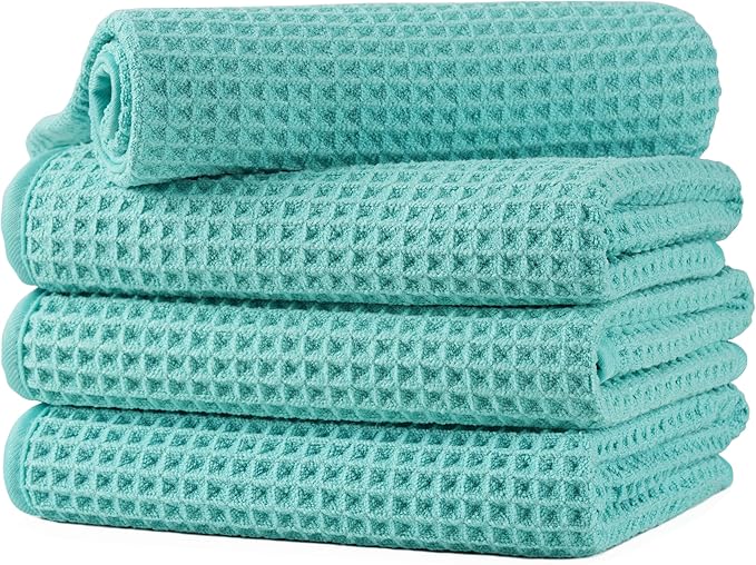 Microfiber Waffle Hand Towels, 4 Pieces, Soft, Absorbent, Fast Drying, Lint Free (Turquoise)