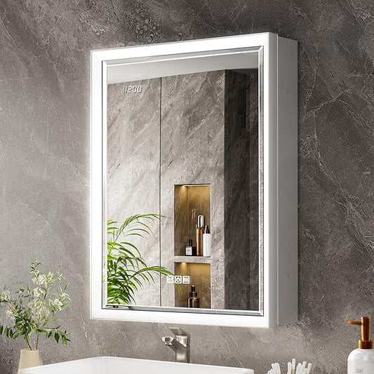 Beveled Lighted Medicine Cabinet with Mirror & Lights -20x26 Surface or Recessed Mirrored Medicine Cabinet with Outlet & Clock, Anti-Fog Dimmable LED Storage Cabinet, Built-in Sensor Light