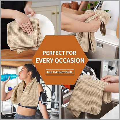 Microfiber Waffle Hand Towels, 4 Pieces, Soft, Absorbent, Fast Drying, Lint Free (Beige)
