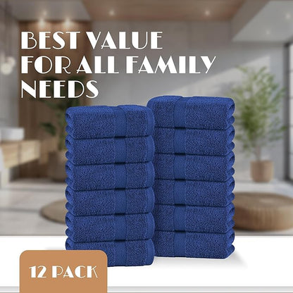 White Classic Navy Washcloths Set for Body and Face Towel, Cotton Wash Cloths Bulk 12 Pack, Spa Fingertip Wash Clothes 12x12 Inch, Soft Absorbent Gym Towels