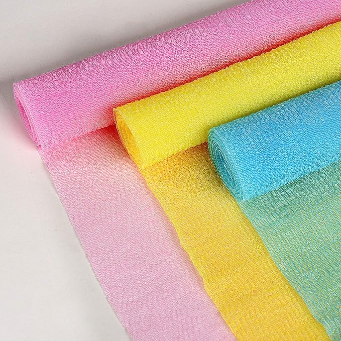 ARCH&M Japanese Exfoliating Towel for Body & Back (3-Pack) Korean Style Scrub Cloth, Nylon Bath Washcloth for Smoother Skin (Yellow x 3)