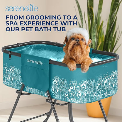 SereneLife Foldable Dog Bath Tub with Adjustable Height, 360° Access, Drain Hose & Storage Pockets – 130 lb Capacity Grooming Station for Indoor/Outdoor Use, Blue