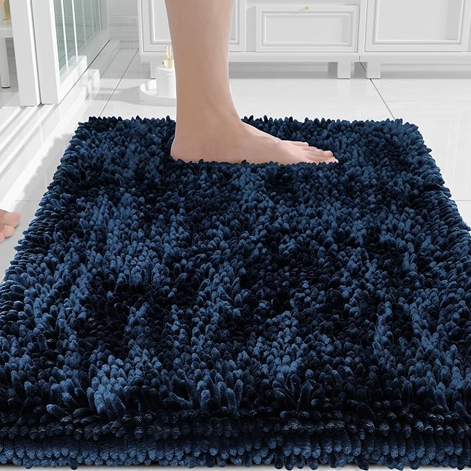 Yimobra Chenille Bathroom Rugs Non Slip, Extra Thick Soft Absorbent Bath Rug, Machine Washable Quick Dry Bath Mat for Bathroom Floor, Tub and Shower, Home Decor Accessories, 24x17, Navy Blue