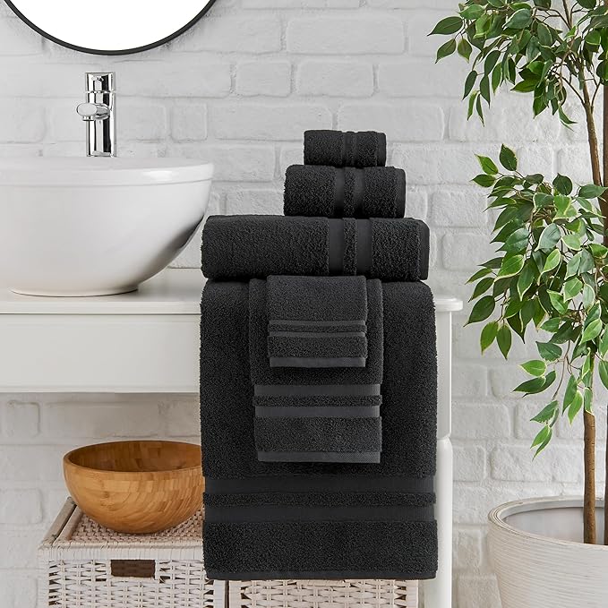 Premium 6 Piece Towel Set, 2 Bath Towel, 2 Hand Towels, 2 Washcloths, 100% Turkish Cotton Soft Absorbent Towels (Black, 6 Piece Towel Set)