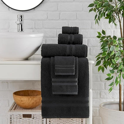 Premium 6 Piece Towel Set, 2 Bath Towel, 2 Hand Towels, 2 Washcloths, 100% Turkish Cotton Soft Absorbent Towels (Black, 6 Piece Towel Set)