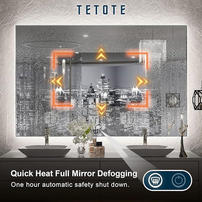 TETOTE 48 x 30 LED Backlit Bathroom Mirror with Light,3Color White/Warm/Natural,Anti-Fog Lighted Mirror,Dimmable,Vanity Mirror,Wall Mounted