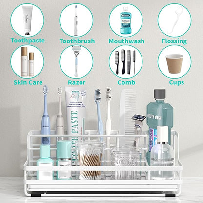 HapiRm Toothbrush Holders for Bathroom - 5 Partitions Bathroom Counter Organizer with Instant Drying Stone, Stainless Steel Countertop Storage Electric Toothbrush Toothpaste Holder - White