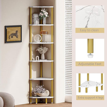 6 Tier Corner Shelf, 66.5'' Tall Standing Shelf, Narrow Display Shelf Stand, Modern Corner Bookshelf, Plant Stand, Corner Bookcase for Living Room, Bedroom, Bathroom, Gold and White LCS502GC
