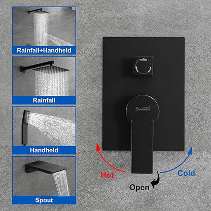 SHAMANDA Shower System with Waterfall Tub Spout and Handheld Shower Head, 10" Rain Shower Faucet Sets Complete with Shower Round-in Valve and Trim Wall Mount, Matte Black, L1010-7