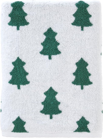 SKL Home Christmas/Winter Holiday Trees 100% Cotton Premium Bath Towel, 500 GSM, Soft & Absorbent, Reversible Jacquard, Decorative, Green/White