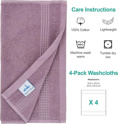 EastNBlue Lara 100% Turkish Cotton Washcloths 4 Pack, Extra Soft & Absorbent Wash Cloths for Face & Body (12" x 12"), Terry Cloth, Small Hand Towels for Bathroom, Damson (Purple)