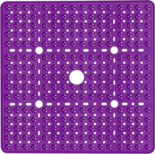 Large Clear Purple Square Shower Mat Non Slip 27 x 27 Inch, Soft Bath Mat Tub Mat for Inside Shower Floor, Bathroom Shower Stall Mats With Big Suction Cup Drain Hole, Easy Washable, BPA-Free