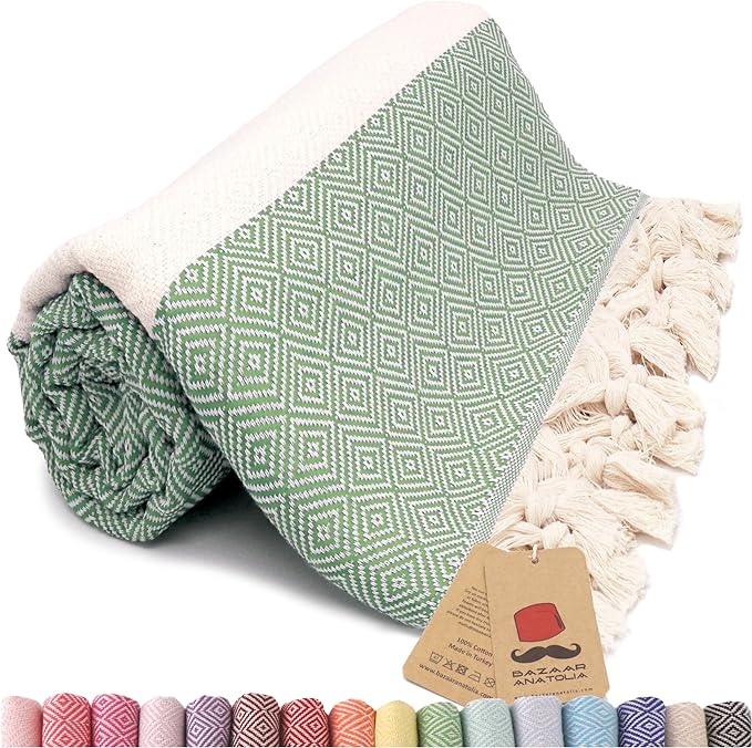 Bazaar Anatolia Turkish Beach Towel – 100% Cotton, Quick Dry, Sand Free Towel for Bathroom, Camping, Travel, Sage Olive – Oversized 71x39 Inches – Diamond Green