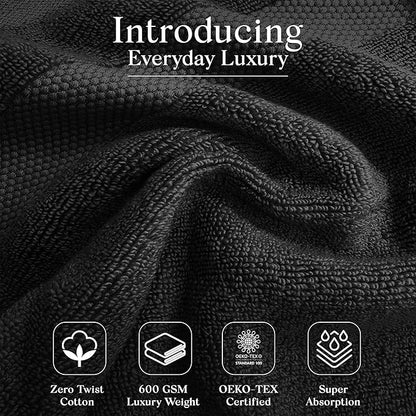 Premium Staple Cotton Bathroom Towel Set - Black 600 GSM 6-Piece Luxury Bath Towel Set 1 Stripe - 2 Bath Towels, 2 Hand Towels & 2 Washclothes Set - High Absorbent & Quick Dry for Gym, Spa, Hotel