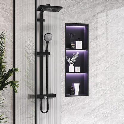 3-Tiers 12x36Inch Wall Niche with RGB LED Light Strips, Matte Black Shower Niche Shelf Cabinet, Stainless Steel Bathroom Shelf, NO Tile Needed Recessed Waterproof Storage Organizer