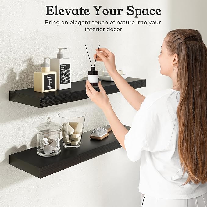 Floating Shelves for Wall, 9.3" Deep Wall Mounted Wood Shelves for Bathroom, Bedroom, Living Room, Kitchen, Hanging Shelf for Books/Storage/Room Decor (Black, 55")