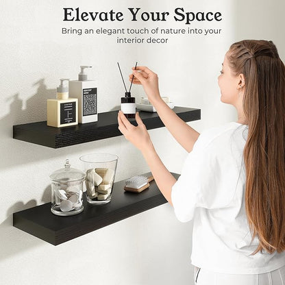 Floating Shelves for Wall, 7.9" Deep Wall Mounted Wood Shelves for Bathroom, Bedroom, Living Room, Kitchen, Hanging Shelf for Books/Storage/Room Decor (Black, 16")