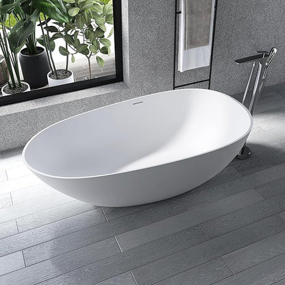 67" Stone Resin Freestanding Bathtub, Oval Solid Surface Bathroom Freestanding Tub, Thin Edge Stand Alone Tub with Integrated Slotted Overflow and Pop-up Drain, Matte White 302-170