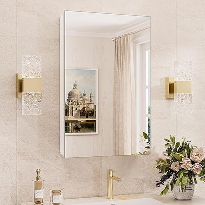 TokeShimi 16x26 Farmhouse Medicine Cabinet Recessed or Surface Mount Aluminum, Tempered Mirror with Adjustable Storage, White Bathroom Mirror Medicine Cabinet Frameless Metal Modern