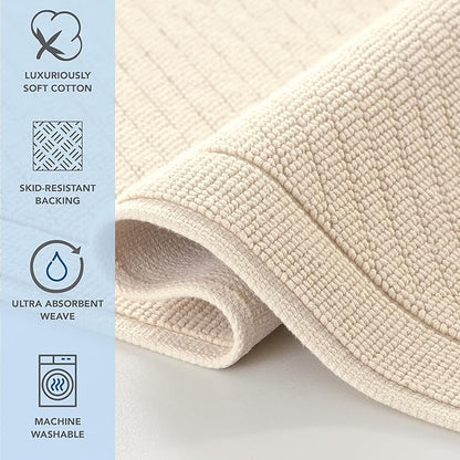 Arkwright 100% Cotton Bathroom Rug - High Absorbent Stylish Textured Woven Design Bath Mat, Slip Resistant Backing for Shower and Bathtub Floor, 24x36 in - Beige