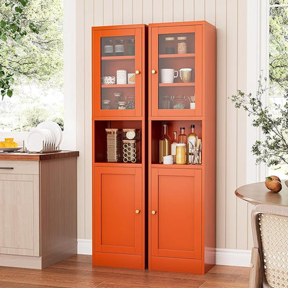 Metal Bathroom Storage Cabinet, Tall Narrow Cabinet with Glass Doors Ajustable Shelves Open Countertop, Slim Sideboard for Small Spaces, Living Room, Kicthen, Dining Room