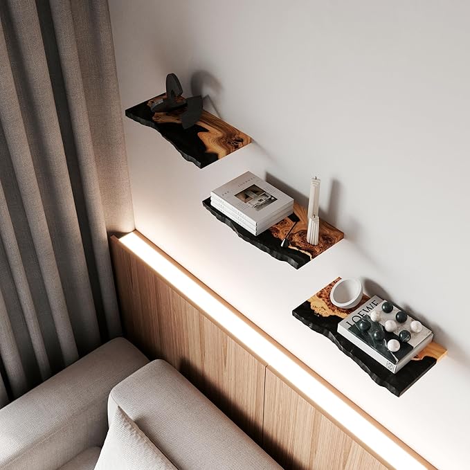 RWA Live Edge Floating Shelf – Unique Wood Floating Shelf for Wall Decor, Living Room, Bedroom, or Bathroom – Stylish Decorative Wall Shelves for Home & Office (Live Edge, Black - 24x7)