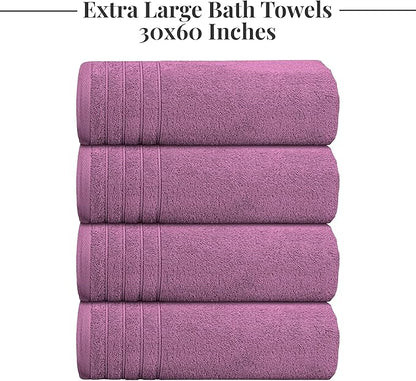 Tens Towels Pack of 4 Extra Large Bath Towels 30 x 60 Inches, 100% Cotton, Larger & Lighter Weight, Quicker to Dry, Super Soft and Absorbent, Perfect for Bathroom, Purple