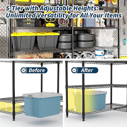 5-Tier Metal Storage Shelves, Adjustable Wire Shelving Unit for Garage, Pantry, Basement & Kitchen, Heavy-Duty Shelf Organizer with Double-Row Design, 59" w x 13.8" d x 70.5" h, 265 Lbs Per Tier