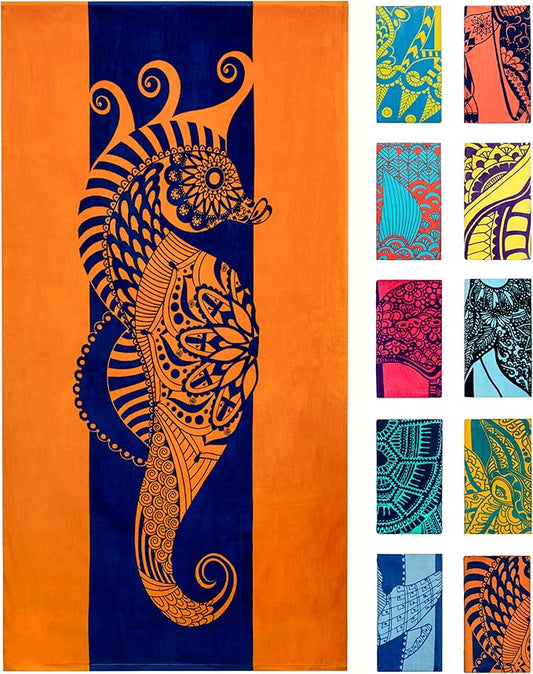 Nova Blue Seahorse Beach Towel – Blue and Orange with A Tropical Design, Extra Large, XL (34”x 63”) Vibrant, Bright, Colorful Pool Towel Made from 100% Cotton