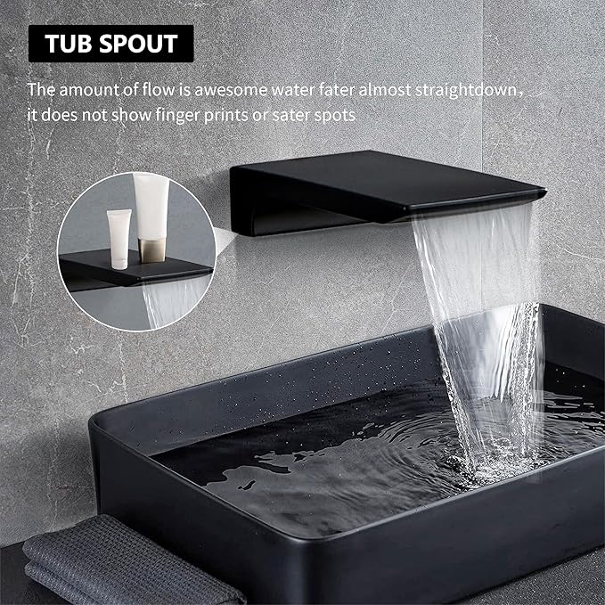 Shower Faucet Set Complete Matte Black Shower System with 8 inch Square Rainfall Shower Head 3-Function Handheld Shower Waterfall Bathtub Spout Rain Shower Combo Set Bathroom Wall Mounted