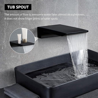 Shower Faucet Set Complete Matte Black Shower System with 10 inch Square Rainfall Shower Head 3-Function Handheld Shower Waterfall Bathtub Spout Rain Shower Combo Set Bathroom Wall Mounted