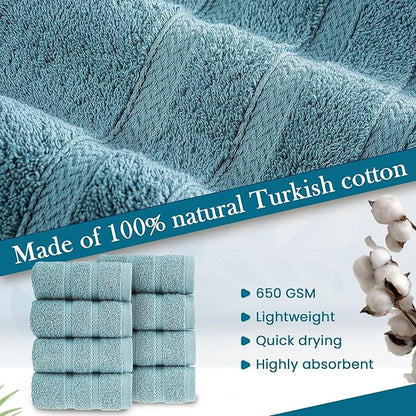 HALLEY Turkish 8 Pack Premium Washcloths (8 Pieces) 650 GSM Highly Absorbent Super Soft 100% Cotton - 8 Washcloths (Turquoise)