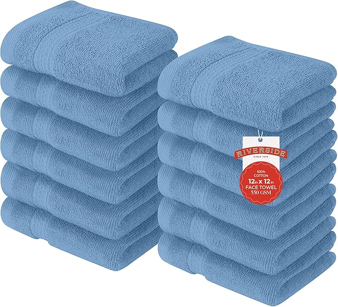 RIVERSIDE 12 Pack Premium 100% Cotton Face Washcloths, 550 GSM, 12 x 12 Inches, Soft, Absorbent Towels for Body & Shower, Bathroom Wash Clothes, Durable Face Towels Set for Spa, Gym, Medium Blue