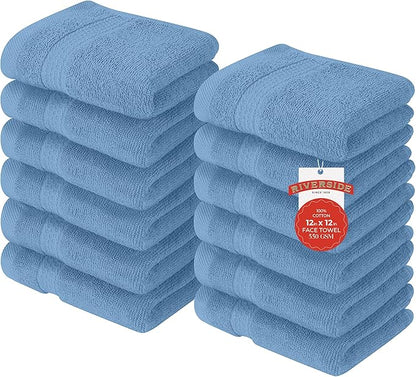 RIVERSIDE 12 Pack Premium 100% Cotton Face Washcloths, 550 GSM, 12 x 12 Inches, Soft, Absorbent Towels for Body & Shower, Bathroom Wash Clothes, Durable Face Towels Set for Spa, Gym, Medium Blue