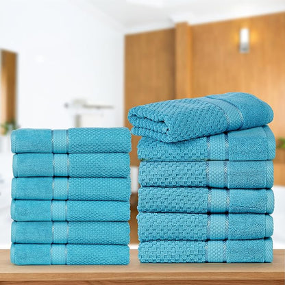 Ample Decor 100% Cotton Sky Blue Hand Towels for Bathroom - Highly Absorbent, Popcorn Textured - 12Pcs 18 X 28 Inch