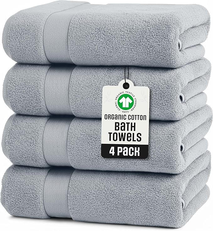 TOWELTIQUE- Organic Cotton Luxury Bath Towels Pack of 4 GOTS & Oeko- TEX Certified | Premium Soft, Absorbent & Quick-Drying Towels for Bathroom, Gym, Spa & Hotel Use – Light Gray